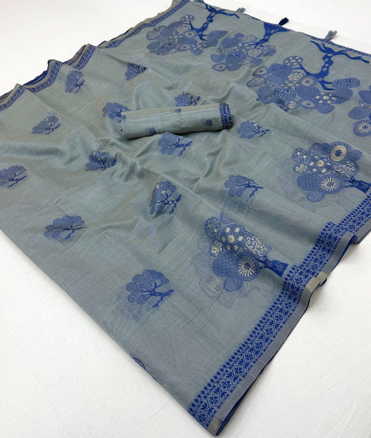 Lustrous Grey Pure Munga Cotton Silk Saree With Glamorous Blouse Piece