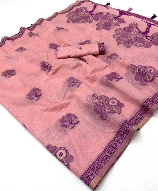 Quixotic Pink Pure Munga Cotton Silk Saree With Snappy Blouse Piece