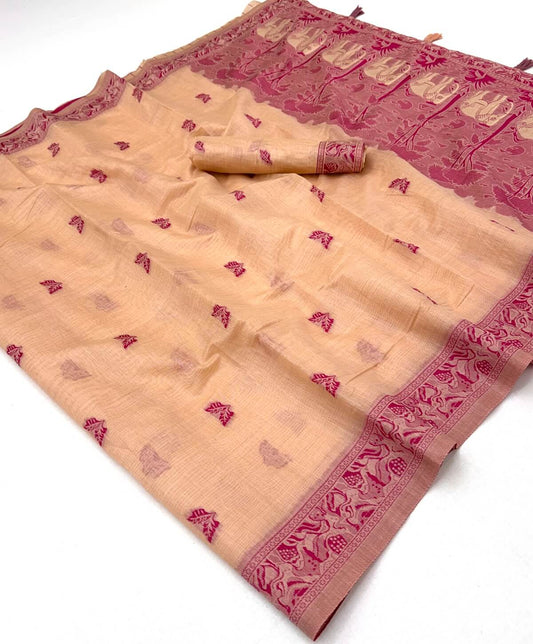 Classic Peach Pure Munga Cotton Silk Saree With Prominent Blouse Piece