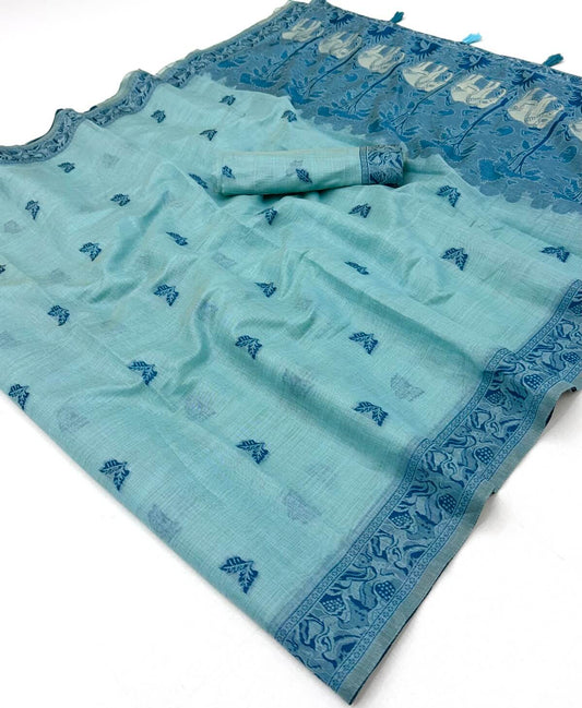 Staggering Sky Pure Munga Cotton Silk Saree With Flameboyant Blouse Piece