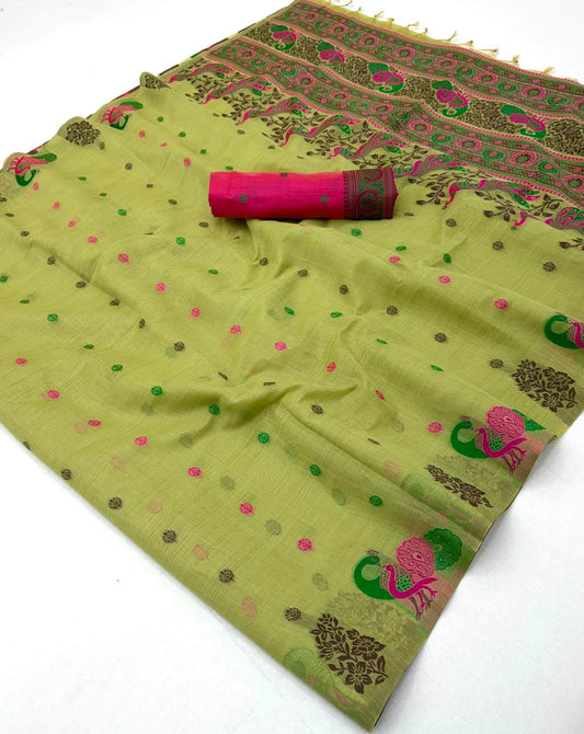 Fantabulous Green Pure Munga Cotton Silk Saree With Resonant Blouse Piece