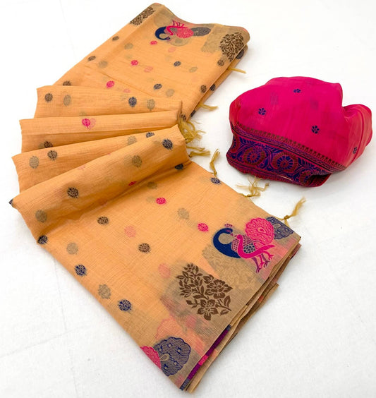 Eclat Peach Pure Munga Cotton Silk Saree With Amiable Blouse Piece