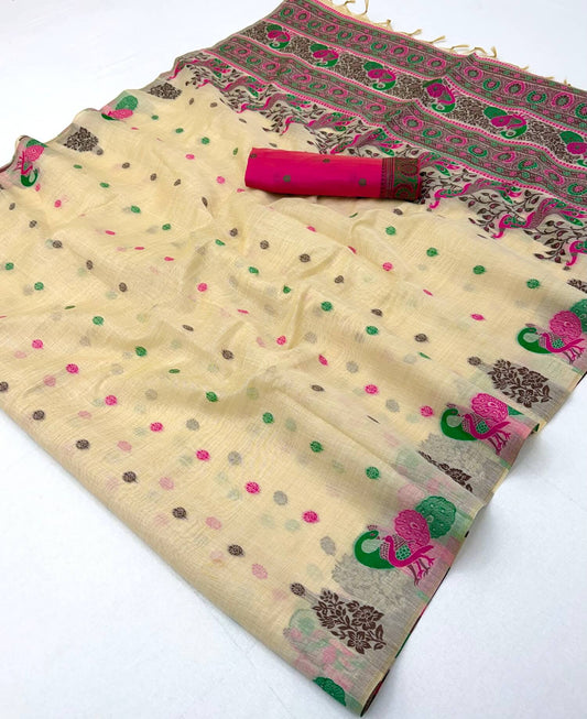Skinny Beige Pure Munga Cotton Silk Saree With Wonderful Blouse Piece