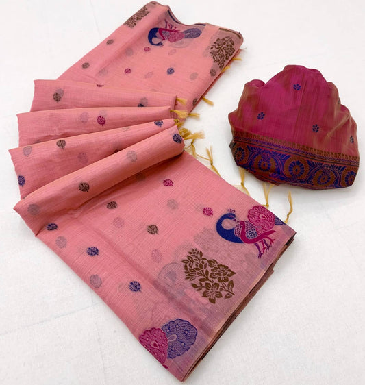 Ornate Pink Pure Munga Cotton Silk Saree With Sizzling Blouse Piece