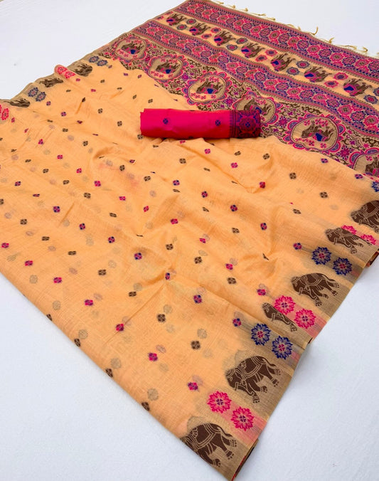 Flameboyant Peach Pure Munga Cotton Silk Saree With Snazzy Blouse Piece