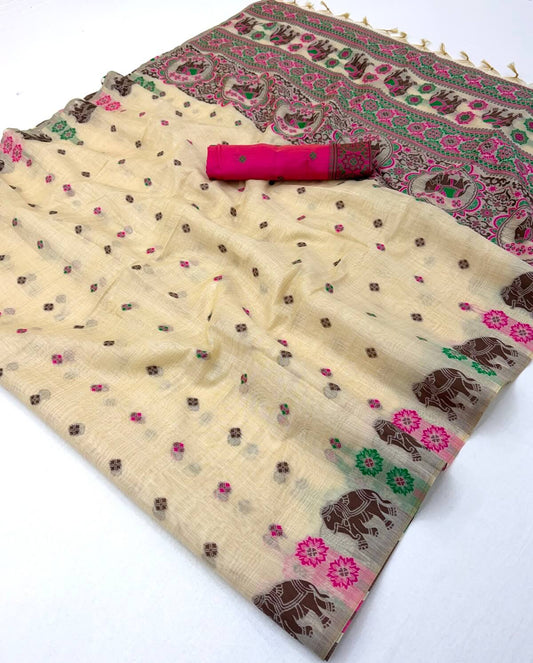 Delightful Beige Pure Munga Cotton Silk Saree With Adorable Blouse Piece