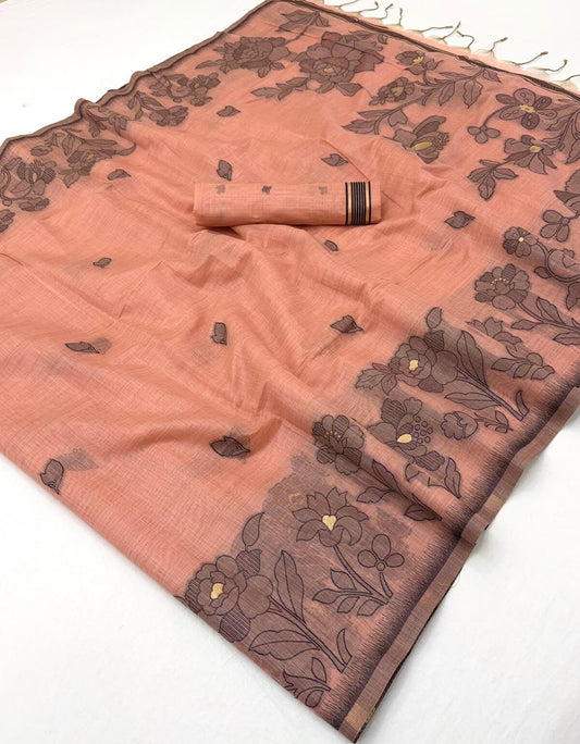 Verdant Peach Pure Munga Cotton Silk Saree With Gratifying Blouse Piece