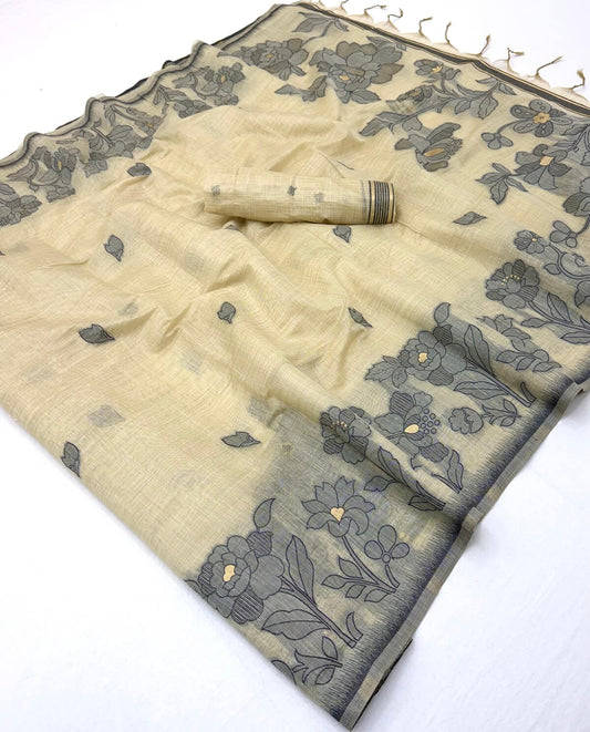 Artistic Beige Pure Munga Cotton Silk Saree With Phenomenal Blouse Piece