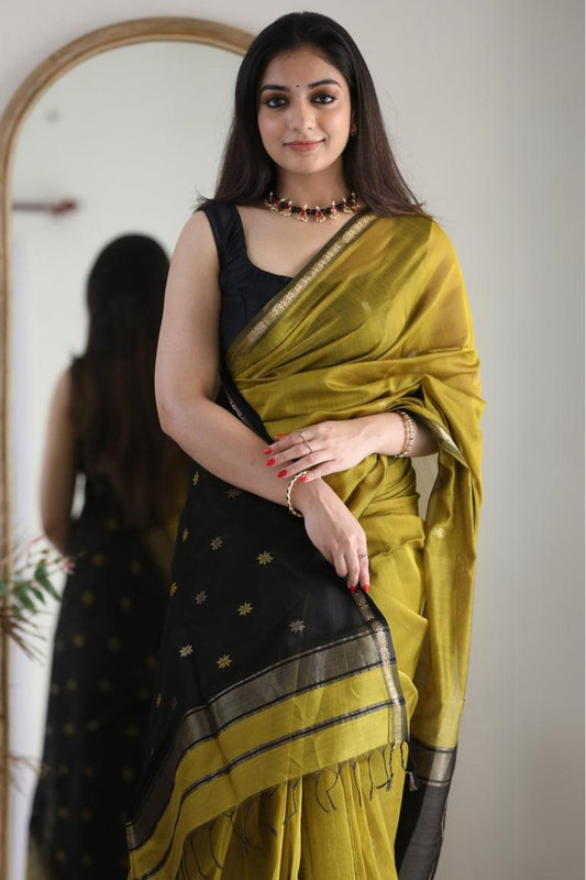 Wonderful Mehndi Cotton Silk Saree With Extraordinary Blouse Piece