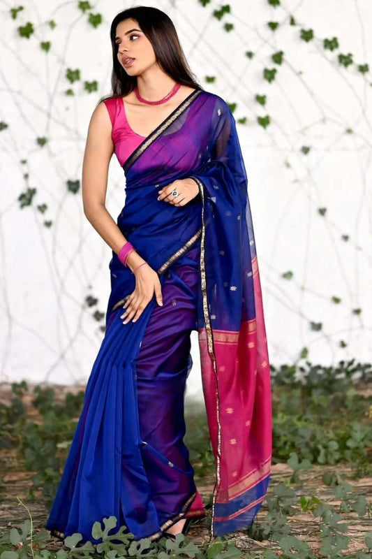 Cynosure Navy Blue Cotton Silk Saree With Vivacious Blouse Piece