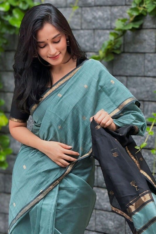 Resonant Sea Green Cotton Silk Saree With Scintillating Blouse Piece