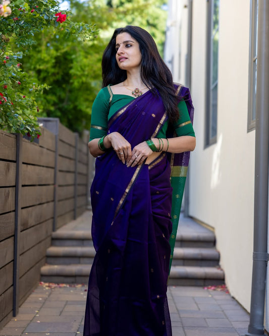 Supernal Purple Cotton Silk Saree With Quixotic Blouse Piece