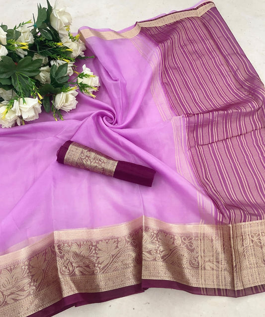 Eclat Lavender Orgenza Silk Saree With Intricate Blouse Piece