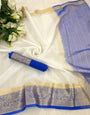 Tantalizing White and Blue Orgenza Silk Saree With Palimpsest Blouse Piece