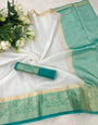 Grandiose White and Firozi Orgenza Silk Saree With Fantabulous Blouse Piece