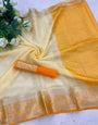 Ephemeral White and Orange Orgenza Silk Saree With Fragrant Blouse Piece