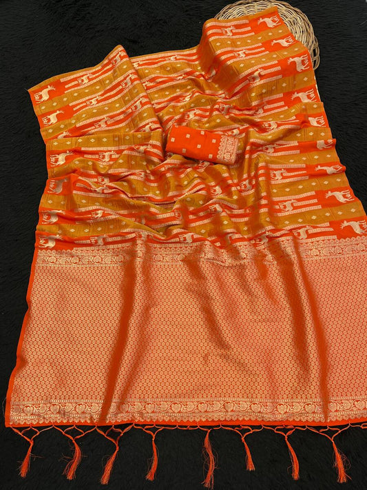 Exquisite Orange Banarasi Tissue Silk Saree With Flattering Blouse Piece