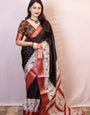Luxuriant Black Digital Printed Dola Silk Saree With Artistic Blouse Piece