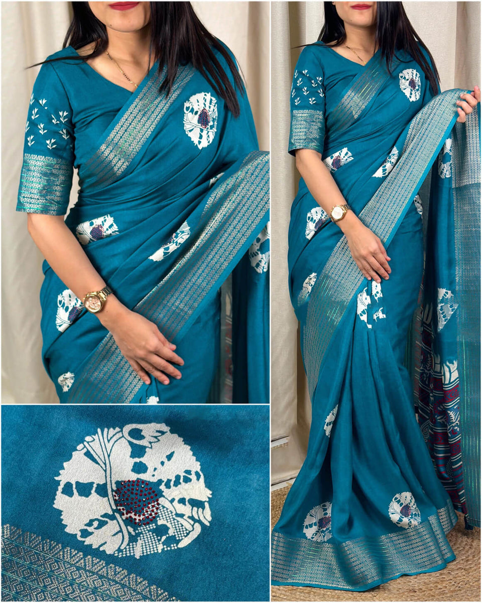 Snazzy Firozi Digital Printed Dola Silk Saree With Susurrous Blouse Pi 