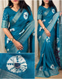 Snazzy Firozi Digital Printed Dola Silk Saree With Susurrous Blouse Piece