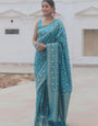 Incredible Firozi Soft Silk Saree With Artistic Blouse Piece