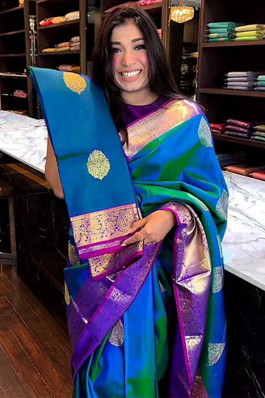 Vestigial Blue Soft Silk Saree With Susurrous Blouse Piece