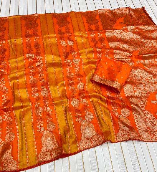 Sonorous Orange Soft Banarasi Tissue Silk Saree With Delightful Blouse Piece