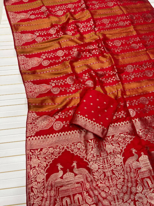Whimsical Red Soft Banarasi Tissue Silk Saree With Admirable Blouse Piece