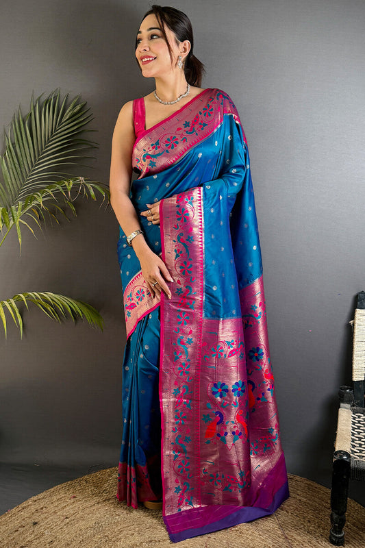 Intricate Blue Paithani Silk Saree With Energetic Blouse Piece