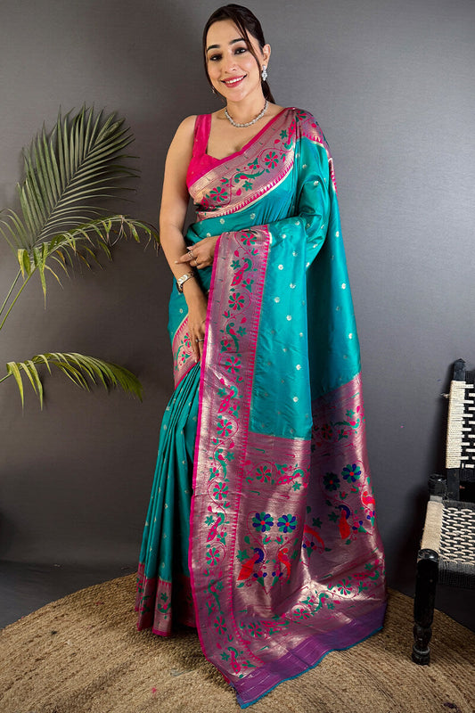 Divine Firozi Paithani Silk Saree With Blooming Blouse Piece