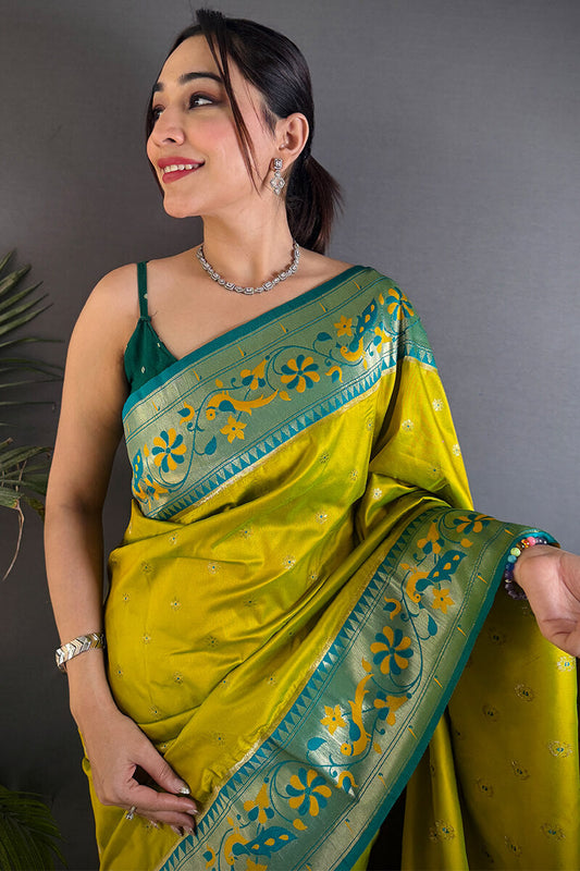 Delectable Mustard Paithani Silk Saree With Improbable Blouse Piece