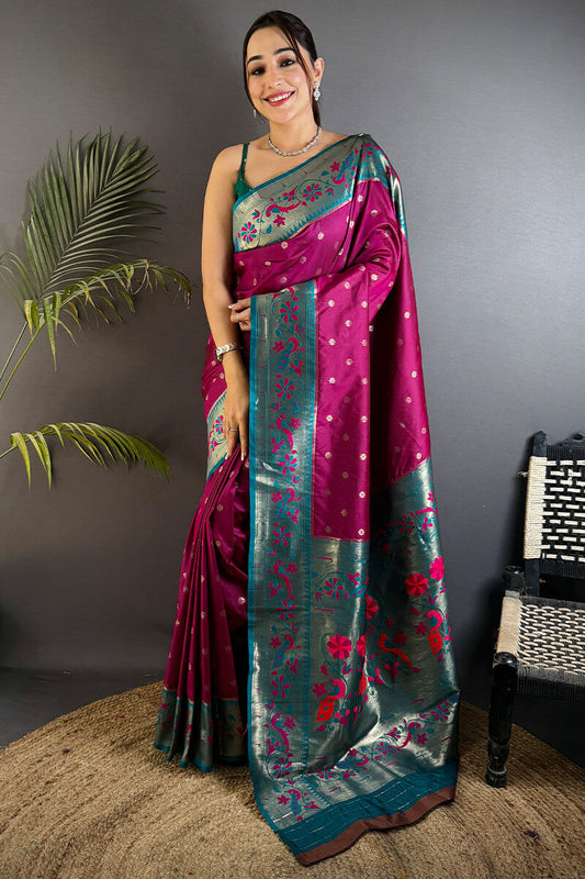 Efflorescence Purple Paithani Silk Saree With Classic Blouse Piece