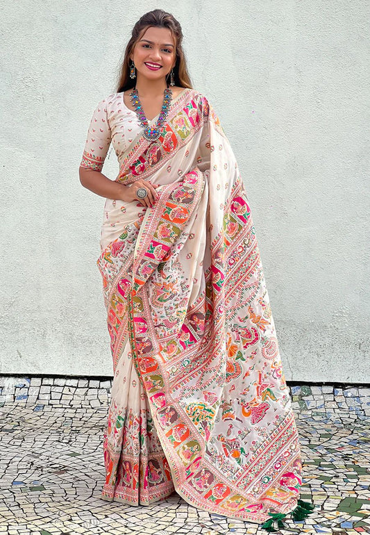 Twirling Off White Nylon Dola Pashmina Saree With Lassitude Blouse Piece