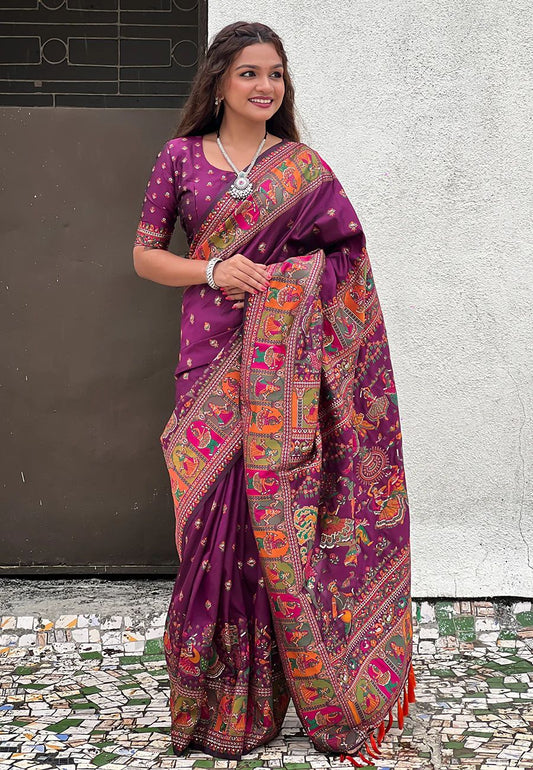 Embellished Purple Nylon Dola Pashmina Saree With Quixotic Blouse Piece