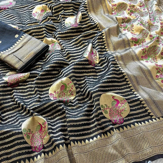 Petrichor Black Soft Banarasi Silk Saree With Prodigal Blouse Piece