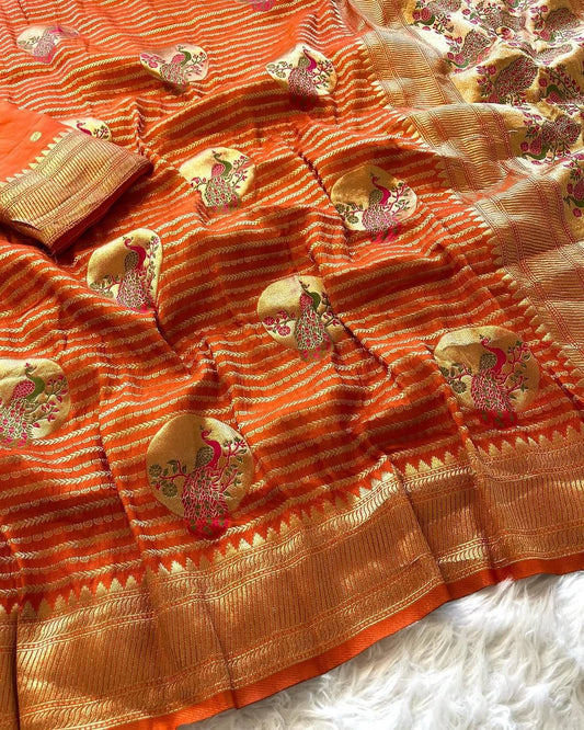Staring Orange Soft Banarasi Silk Saree With Magnetic Blouse Piece