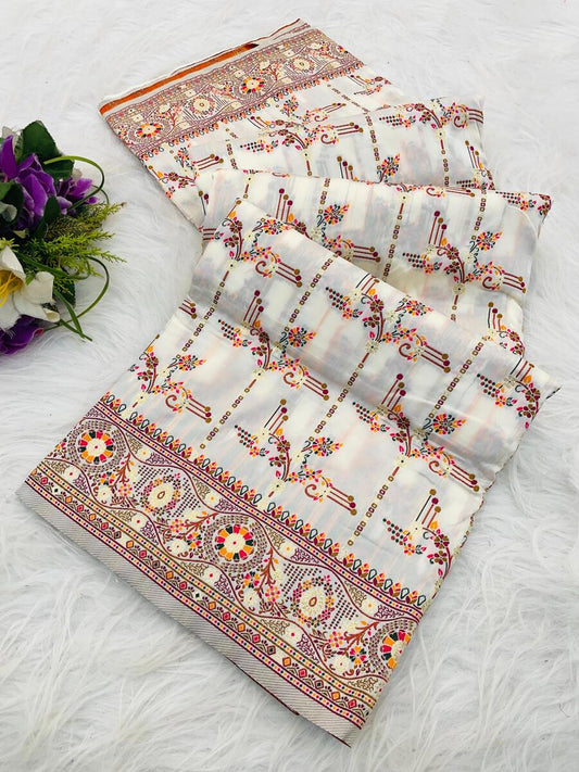 Comely Off White Nylon Dola Pashmina Saree With Pretty Blouse Piece