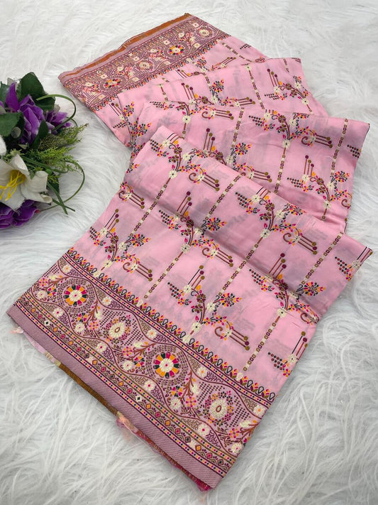 Most Stunning Pink Nylon Dola Pashmina Saree With Scintilla Blouse Piece