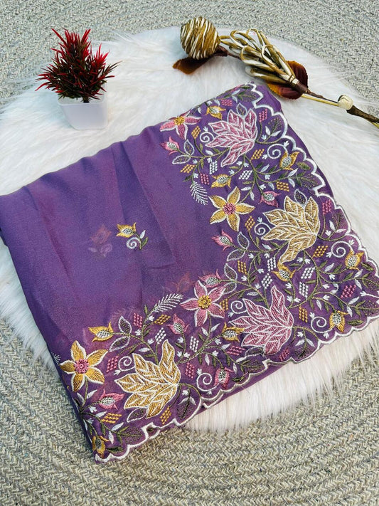 Panache Lavender Embroidery Work Georgette Saree With Cynosure Blouse Piece