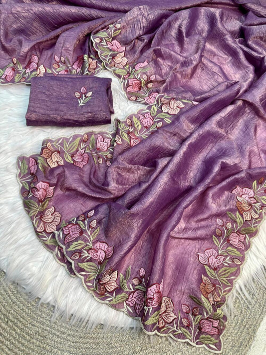 Redolent Lavender Embroidery Work Crush Silk Saree With Deserving Blouse Piece