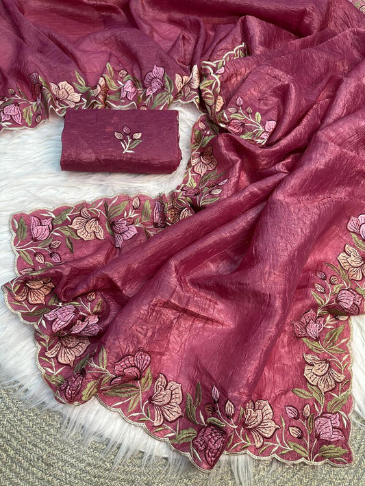 Embellished Pink Embroidery Work Crush Silk Saree With Most Flattering Blouse Piece
