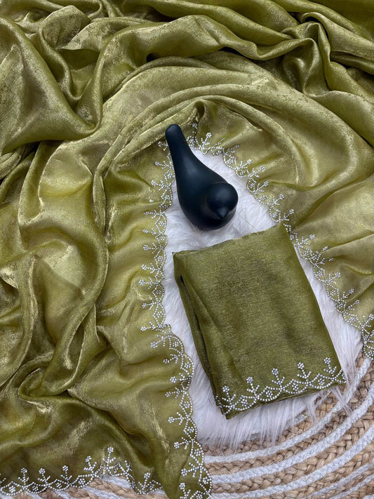 Lovely Green Swarovski Work Fandy Silk Saree With Dazzling Blouse Piece