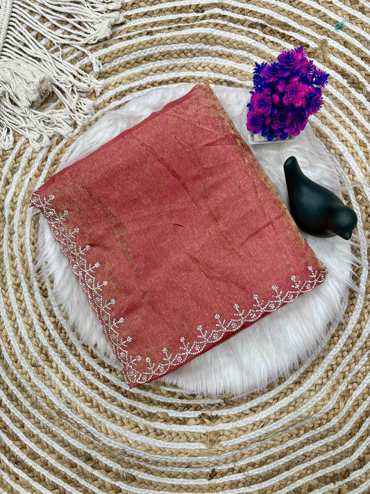 Brood Pink Swarovski Work Fandy Silk Saree With Sophisticated Blouse Piece