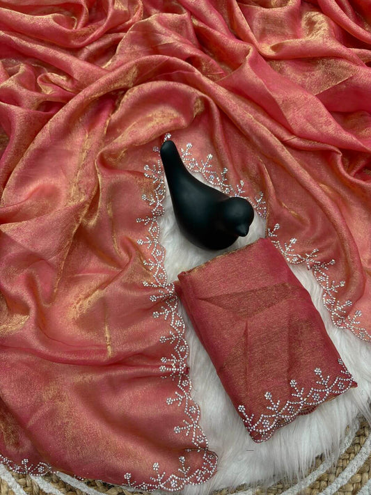 Brood Pink Swarovski Work Fandy Silk Saree With Sophisticated Blouse Piece