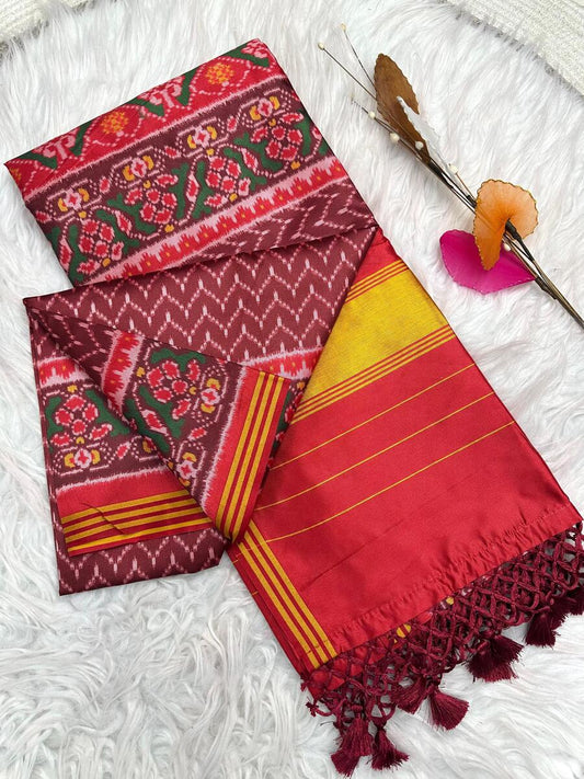 Fragrant Wine Ikkat Printed Patola Silk Saree With Grandiose Blouse Piece