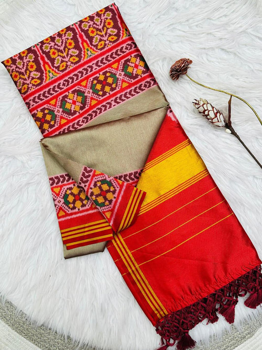 Surreptitious Dark Beige Ikkat Printed Patola Silk Saree With Mesmeric Blouse Piece