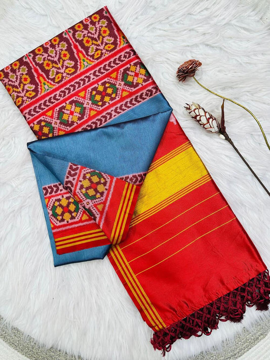 Posh Firozi Ikkat Printed Patola Silk Saree With Whimsical Blouse Piece