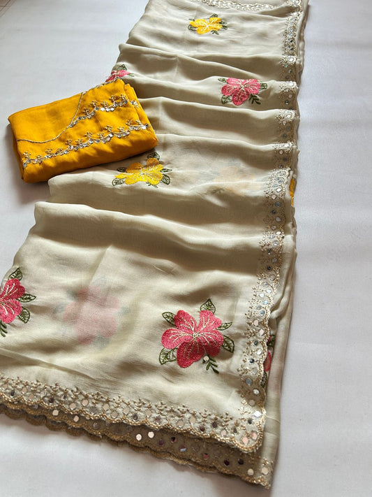 Mesmerising Beige Embroidery Work Viscose Saree With Most Enchanting Blouse Piece