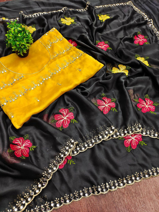 Staggering Black Embroidery Work Viscose Saree With Super extravagant Blouse Piece