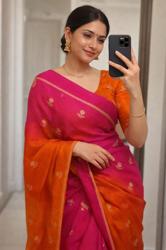 Demure Pink and Orange Banarasi Khadi Silk Saree With Flaunt Blouse Piece